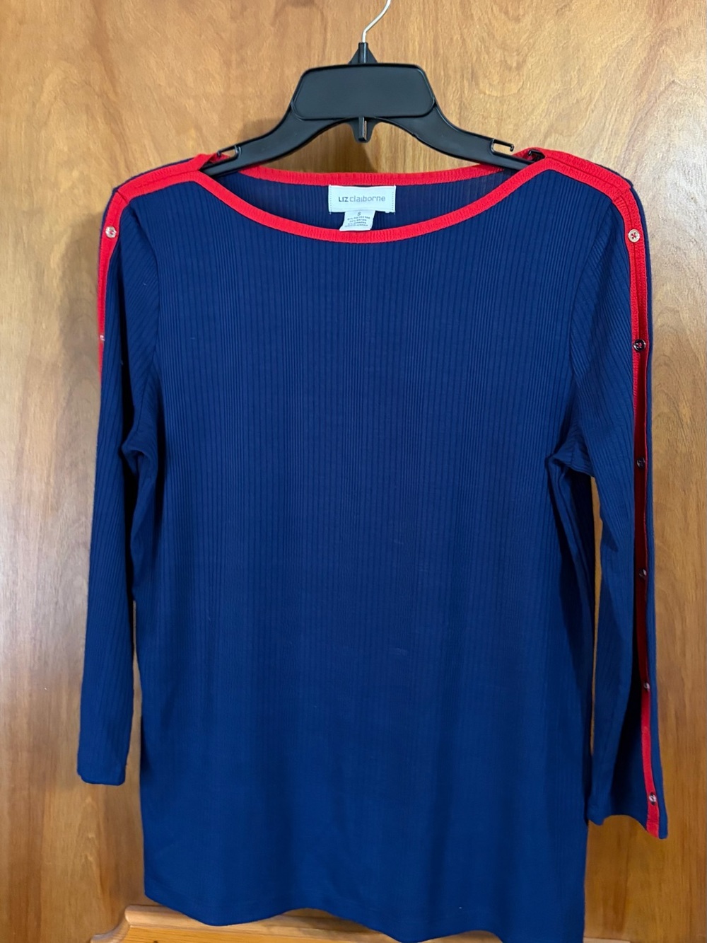 Liz Claiborne Navy Long Sleeve Ribbed Top with Red Trim and Snap Details